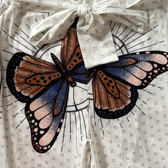 WHITE/ORANGE/PURPLE WIDE LEG BUTTERFLY PRINT PALAZZO SUMMER PANT WITH POCKETS - Picture 4 of 8